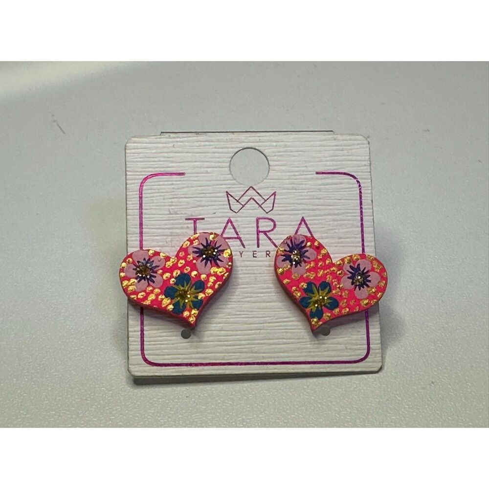 Pink Wood Heart Earrings Hand Painted Mexican Folk Art Oaxaca Floral Stud Boho